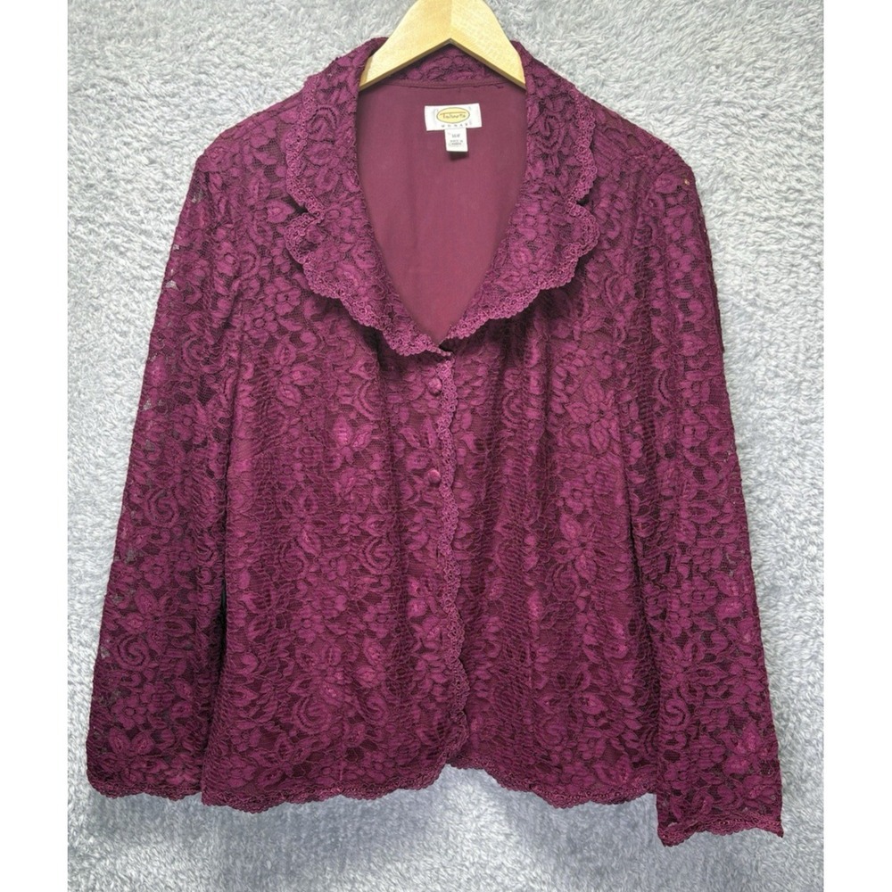Talbots Womens 18W Burgundy Floral Lace Blouse Button Front Lined Plus Size